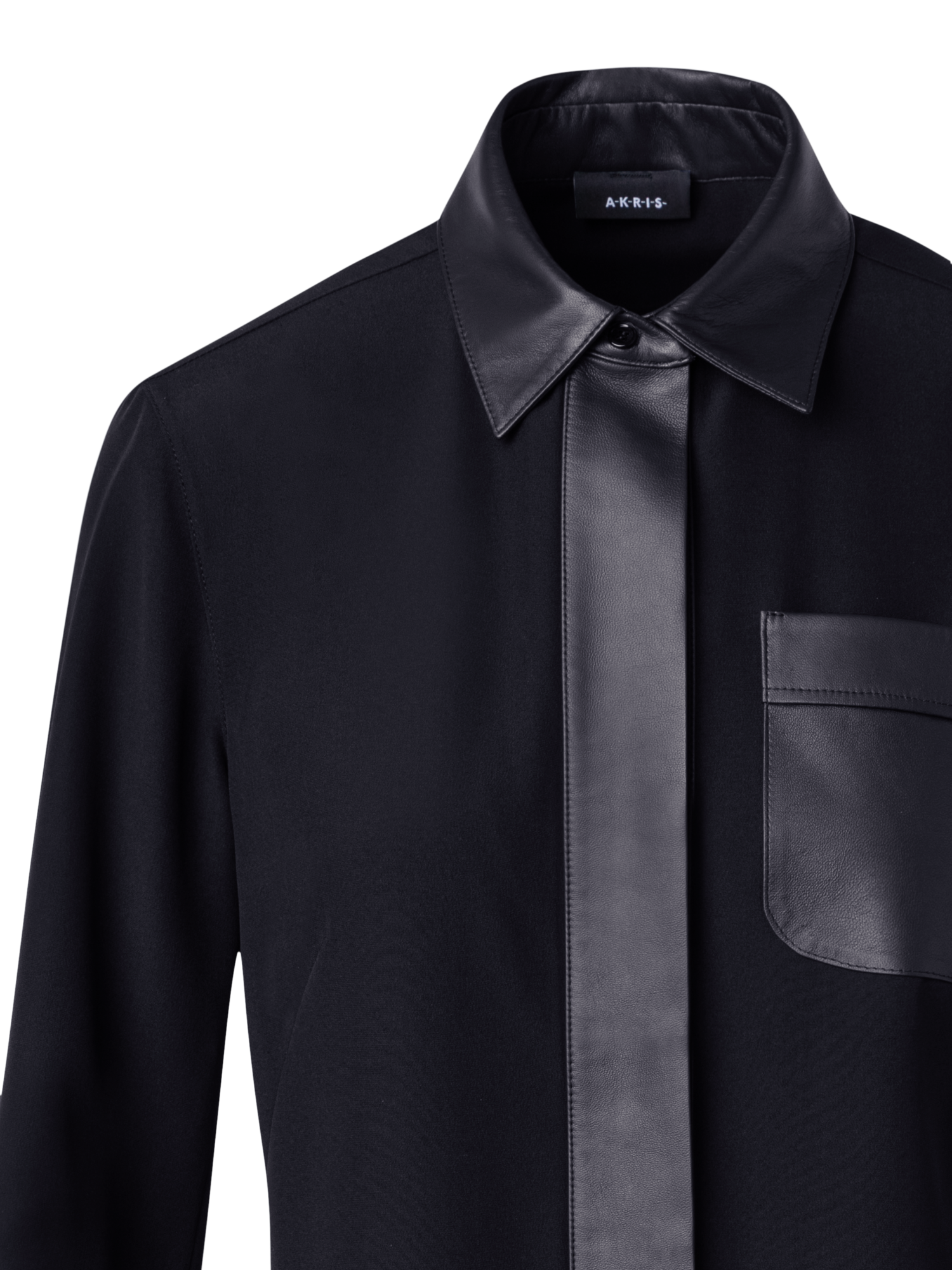 Designer Silk Crêpe Shirt Blouse with Leather Trims - black
