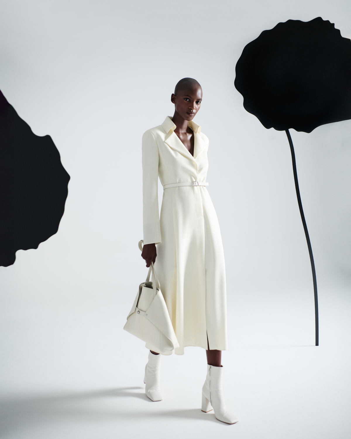 Designer Belted Midi Dress in Wool Double-Face - ecru - white #editorial