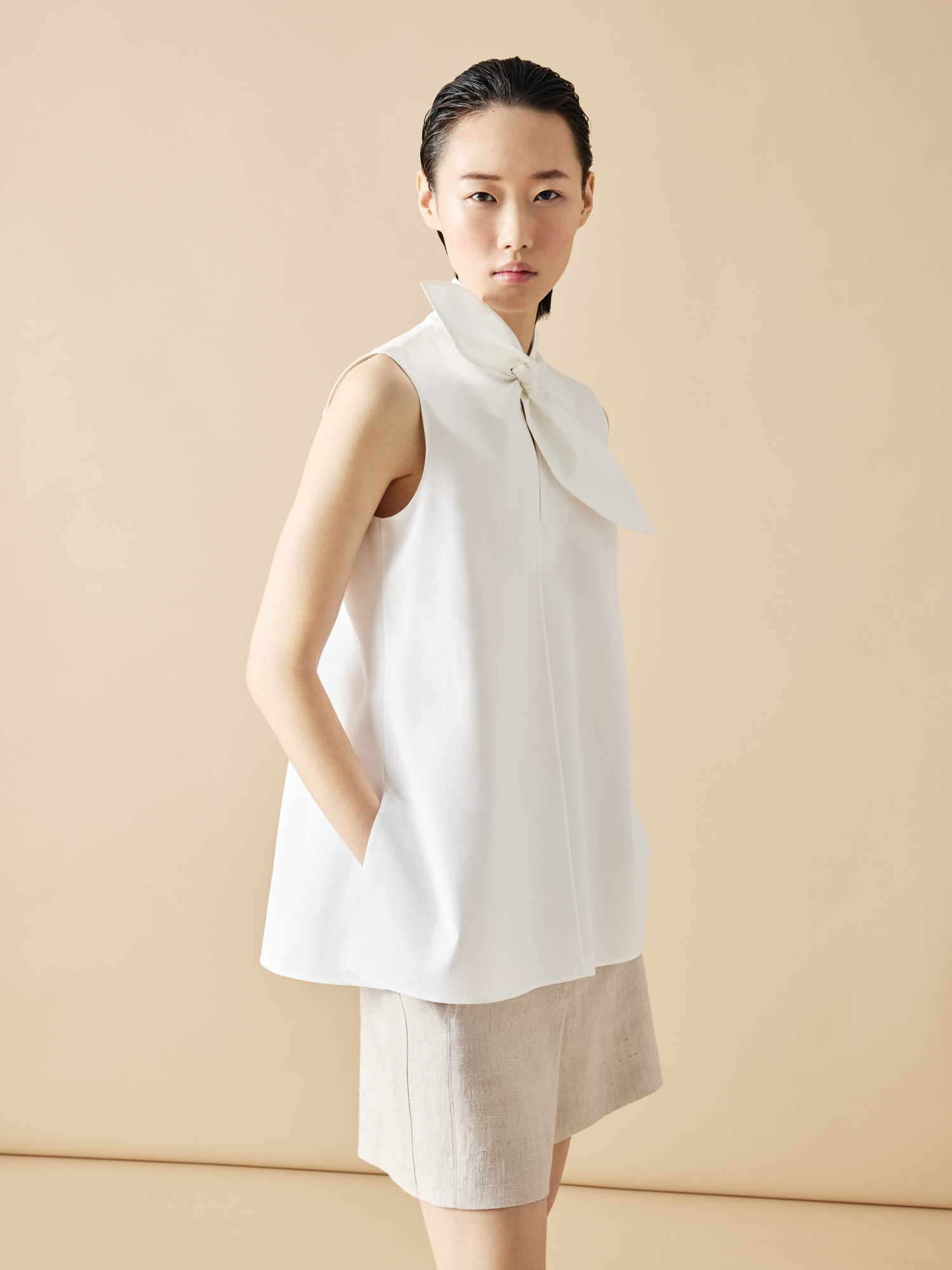 Designer Sleeveless Cotton Tie Knot Blouse - neutral - ecru - white 