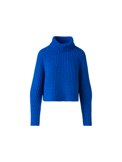 Designer Cropped Cashmere Chunky Rib Turtle Neck Sweater - blue