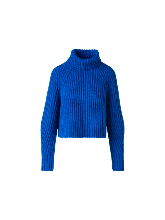 Designer Cropped Cashmere Chunky Rib Turtle Neck Sweater - blue
