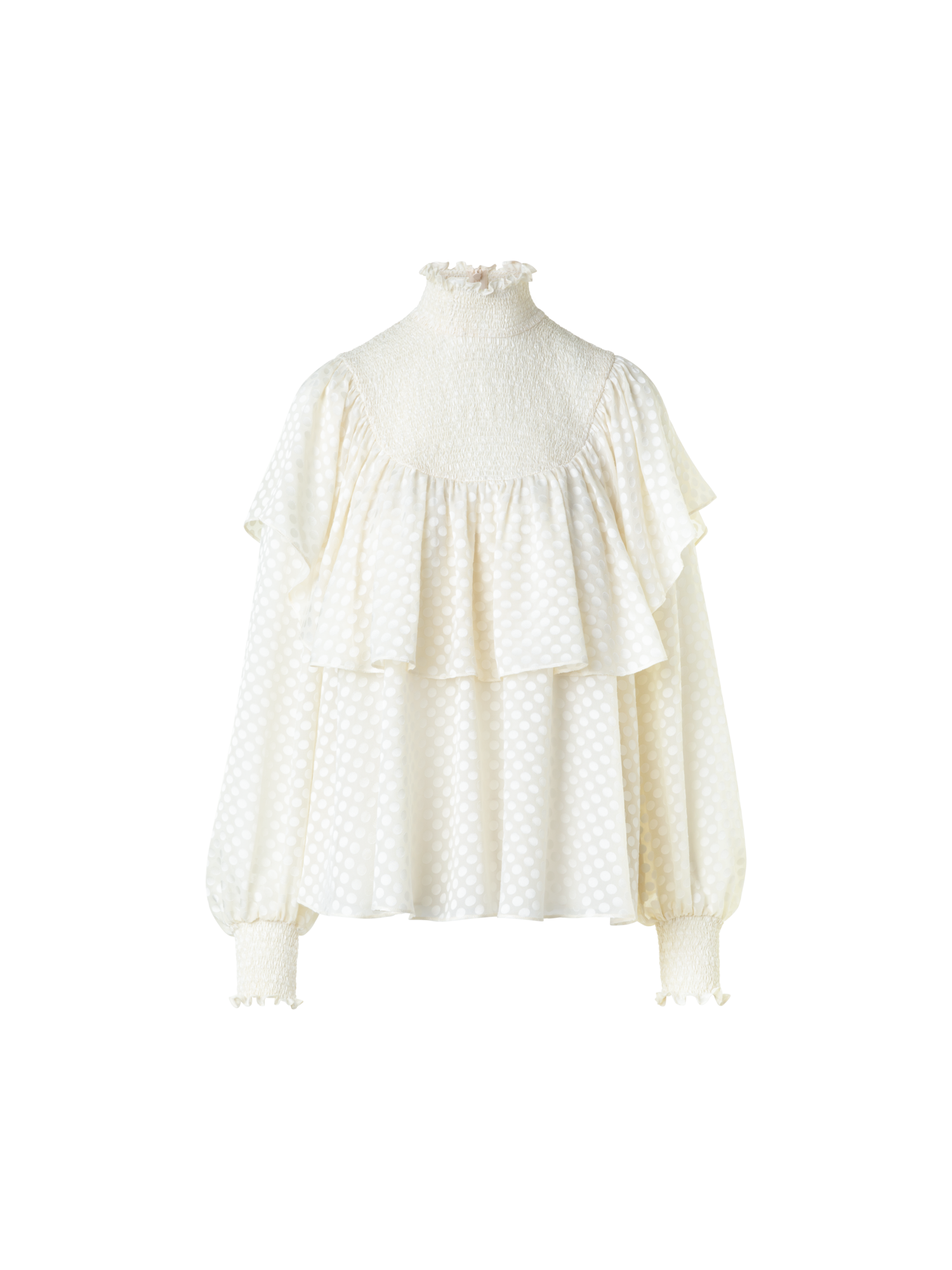 Designer Boho Smocked Flounce Shoulder Dotted Blouse - neutral - ecru - white