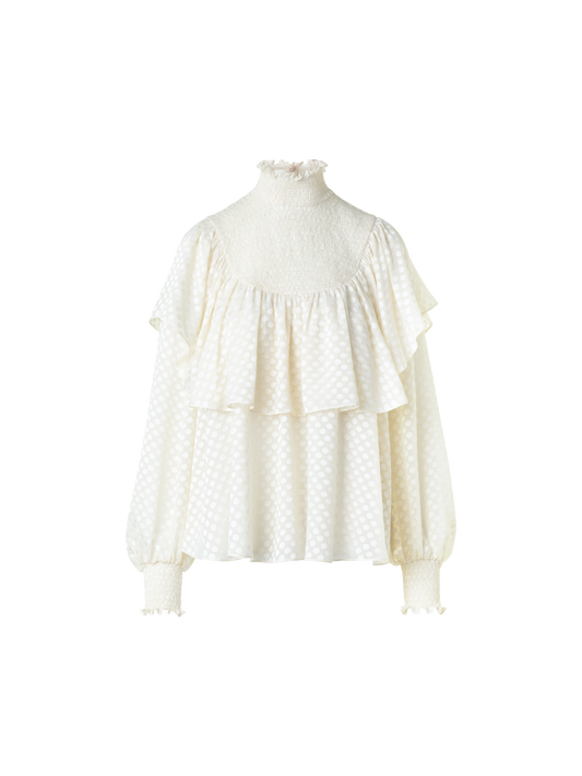 Designer Boho Smocked Flounce Shoulder Dotted Blouse - neutral - ecru - white