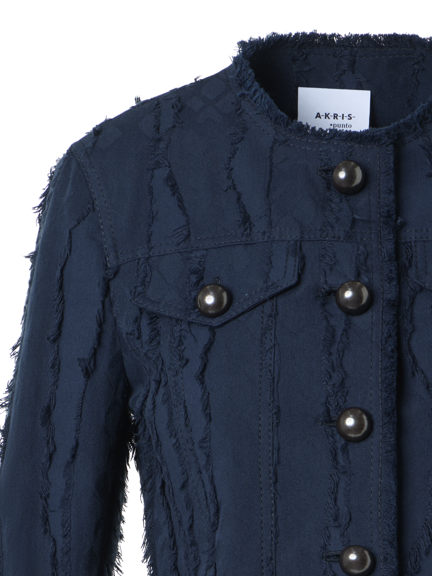 Designer Fringed Wave Jacquard Cotton Jacket - navy - blue