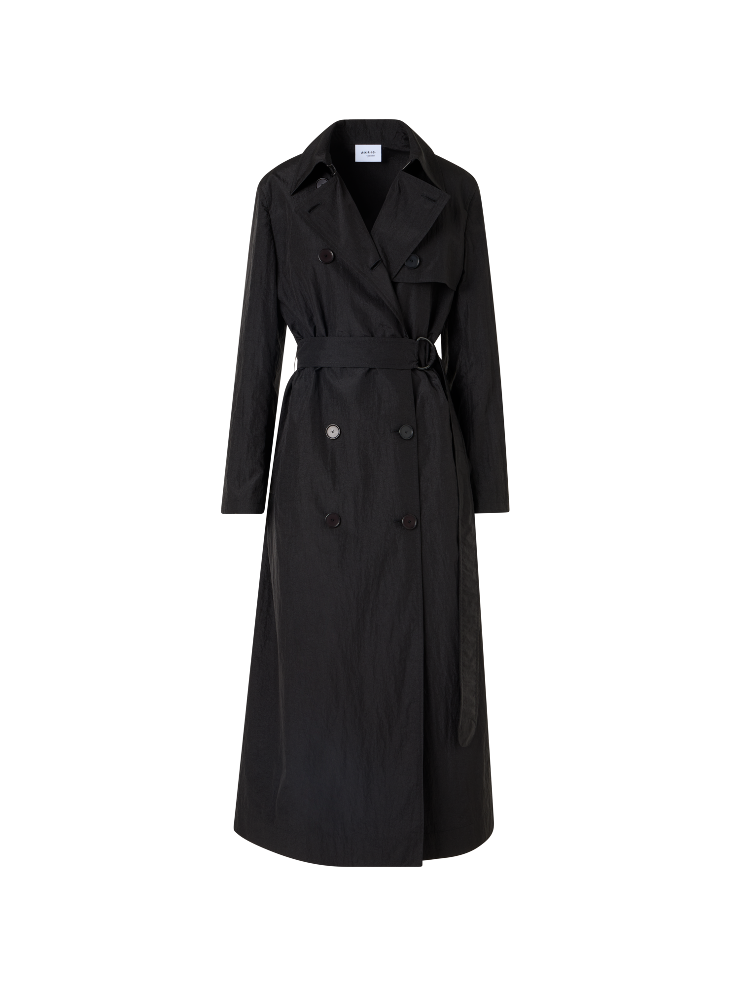 Designer Long-Sleeve Crinkled Parachute-Taffeta Long Trench Coat - black