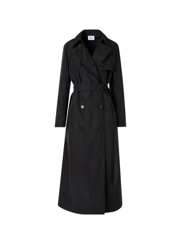 Designer Long-Sleeve Crinkled Parachute-Taffeta Long Trench Coat - black