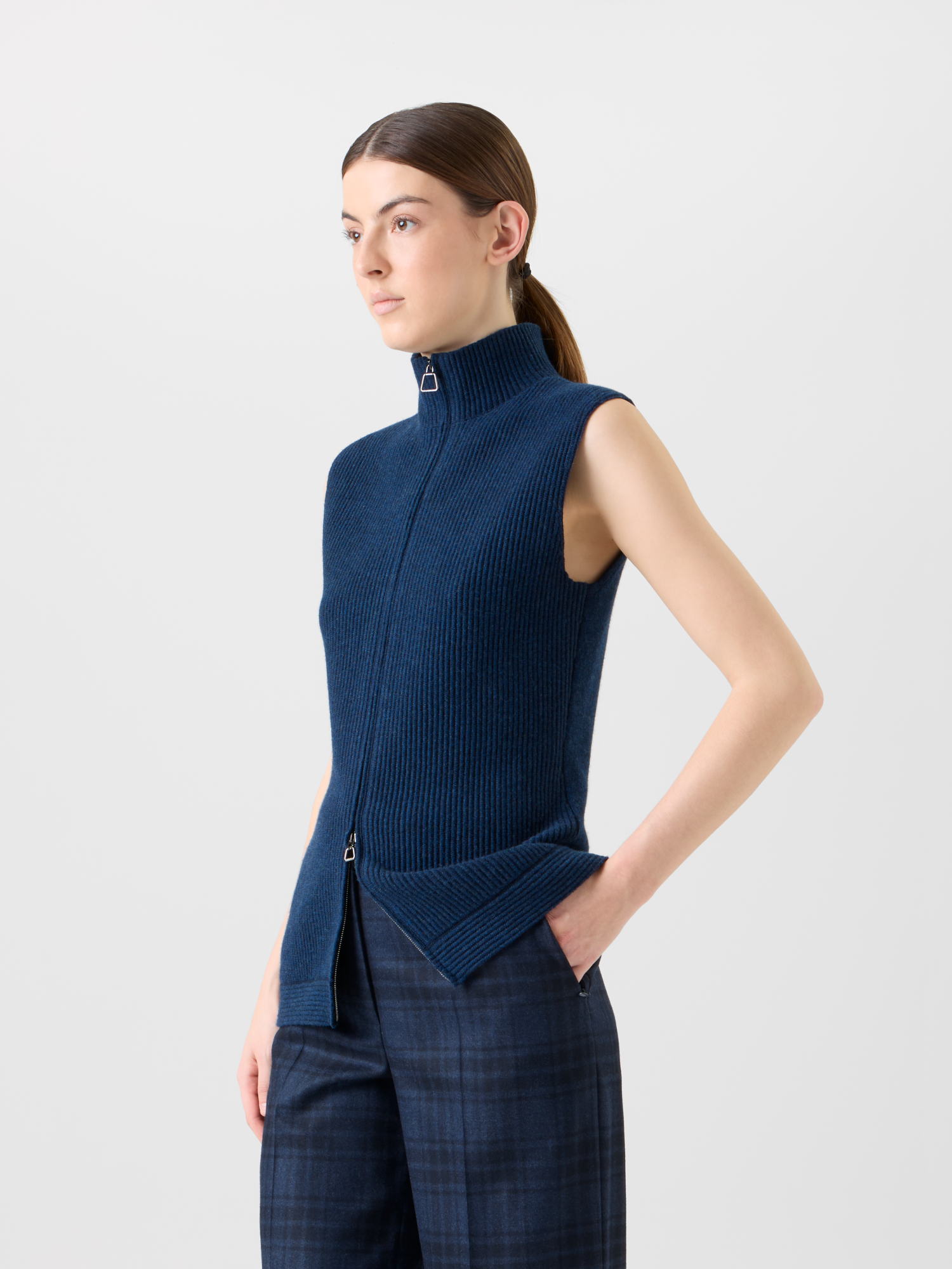Designer Cashmere Knit Gilet with Front Rib Detail - neutral - navy - blue 