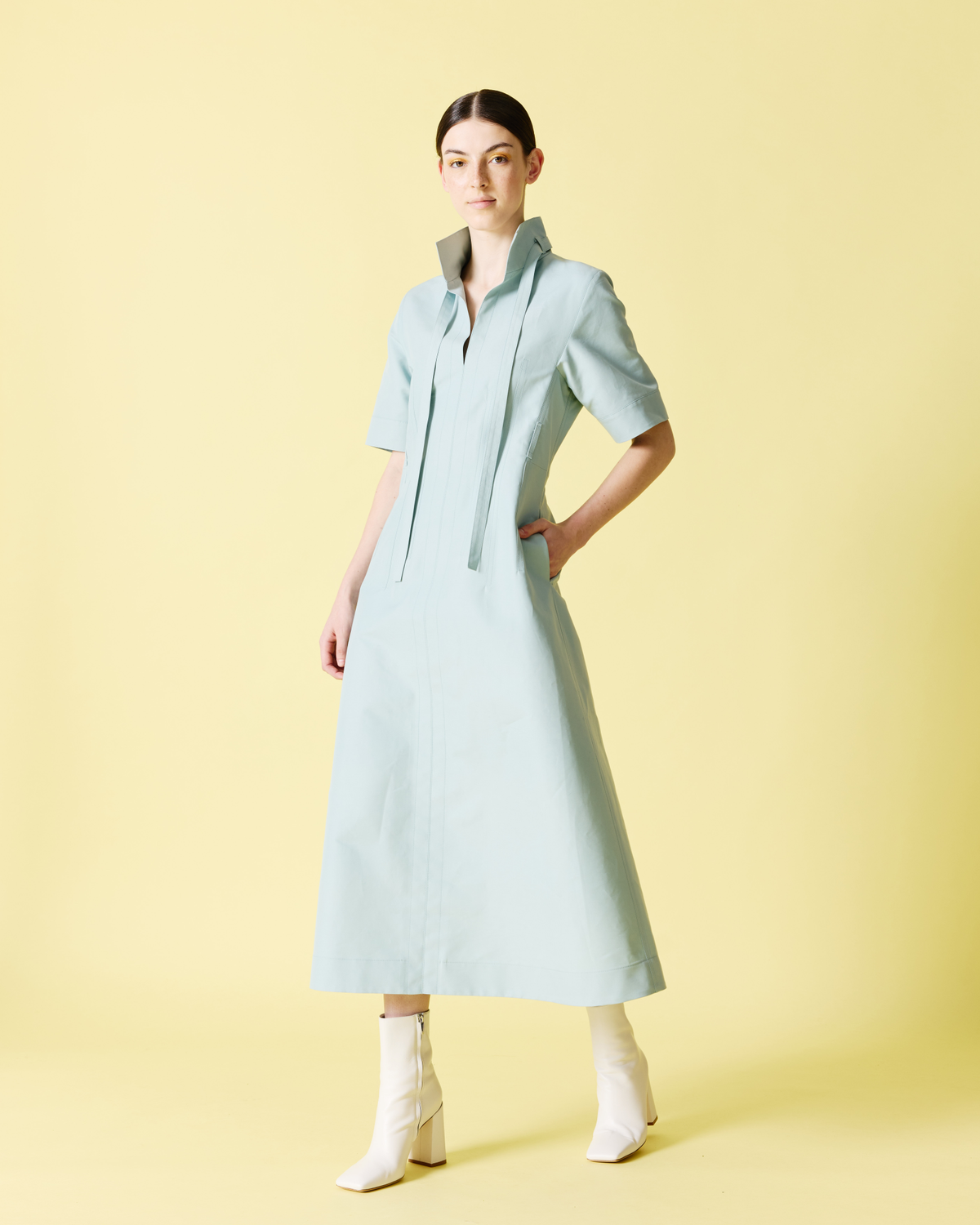 Designer Midi Dress in Cotton Poplin - pastel - blue #editorial
