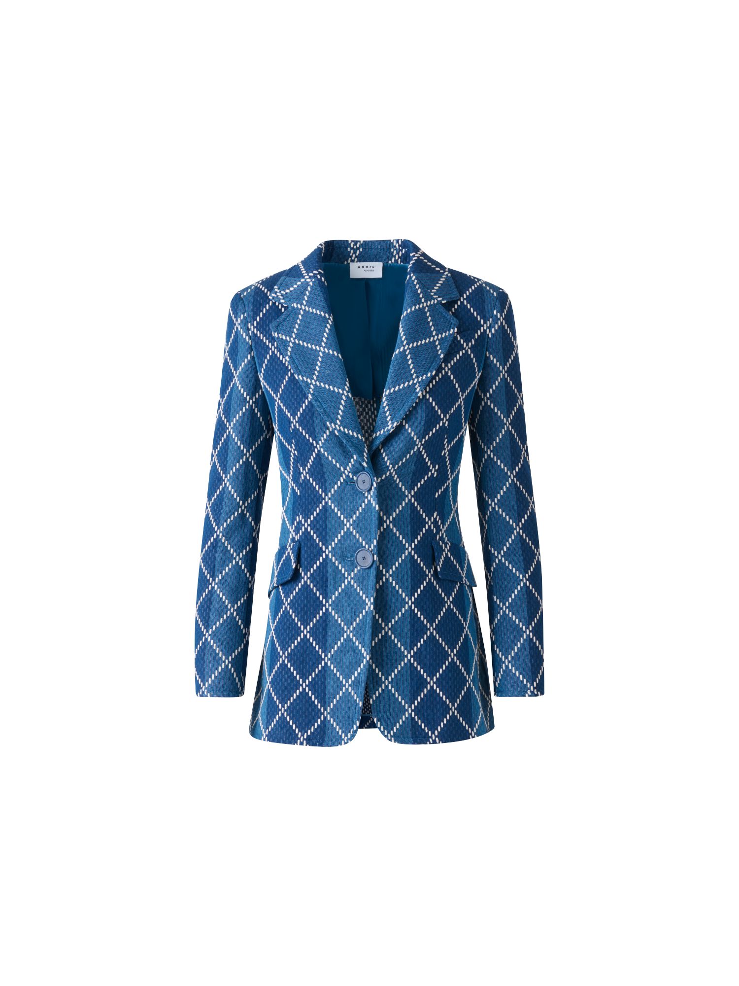 Designer Long Cotton Blazer with Diamond Jacquard - blue - multicolor