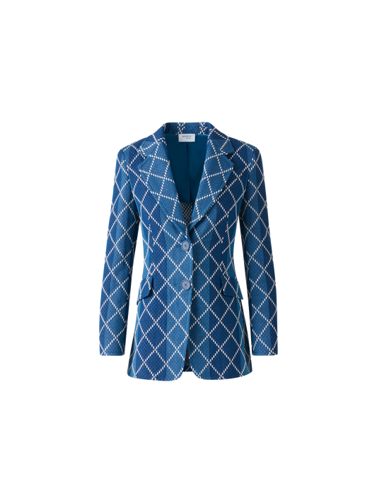 Designer Long Cotton Blazer with Diamond Jacquard - blue - multicolor