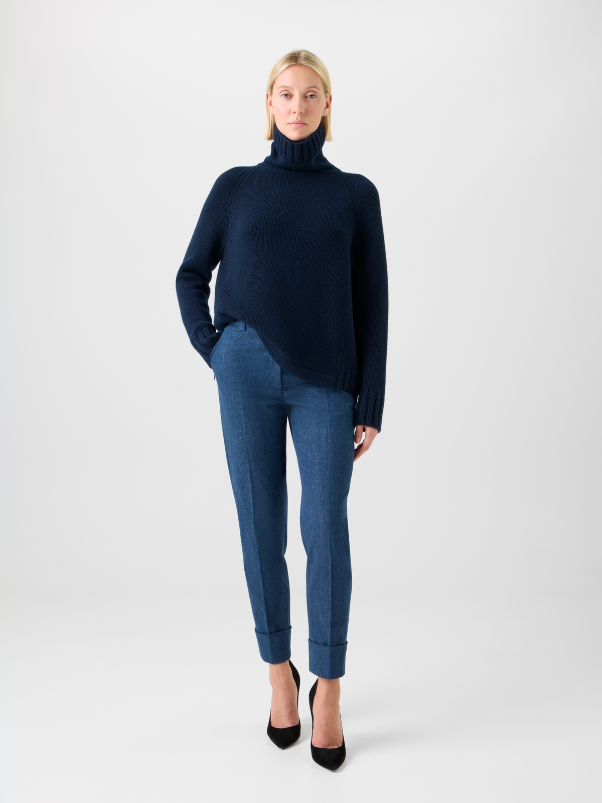 Designer Boxy Cashmere Turtle Neck Sweater - neutral - navy - blue #editorial