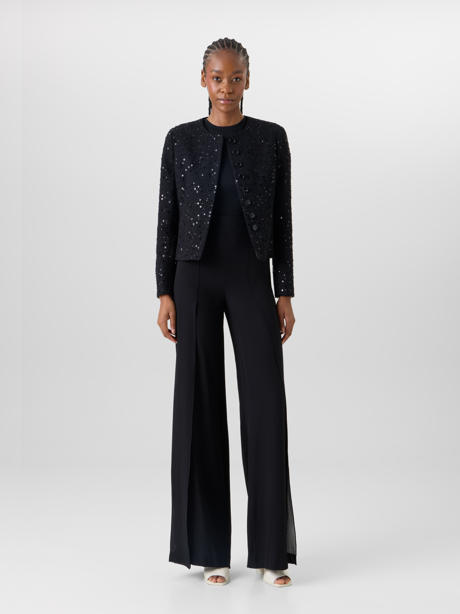 Designer Fellia Wide-Flared-Leg Pants in Silk Georgette - black 