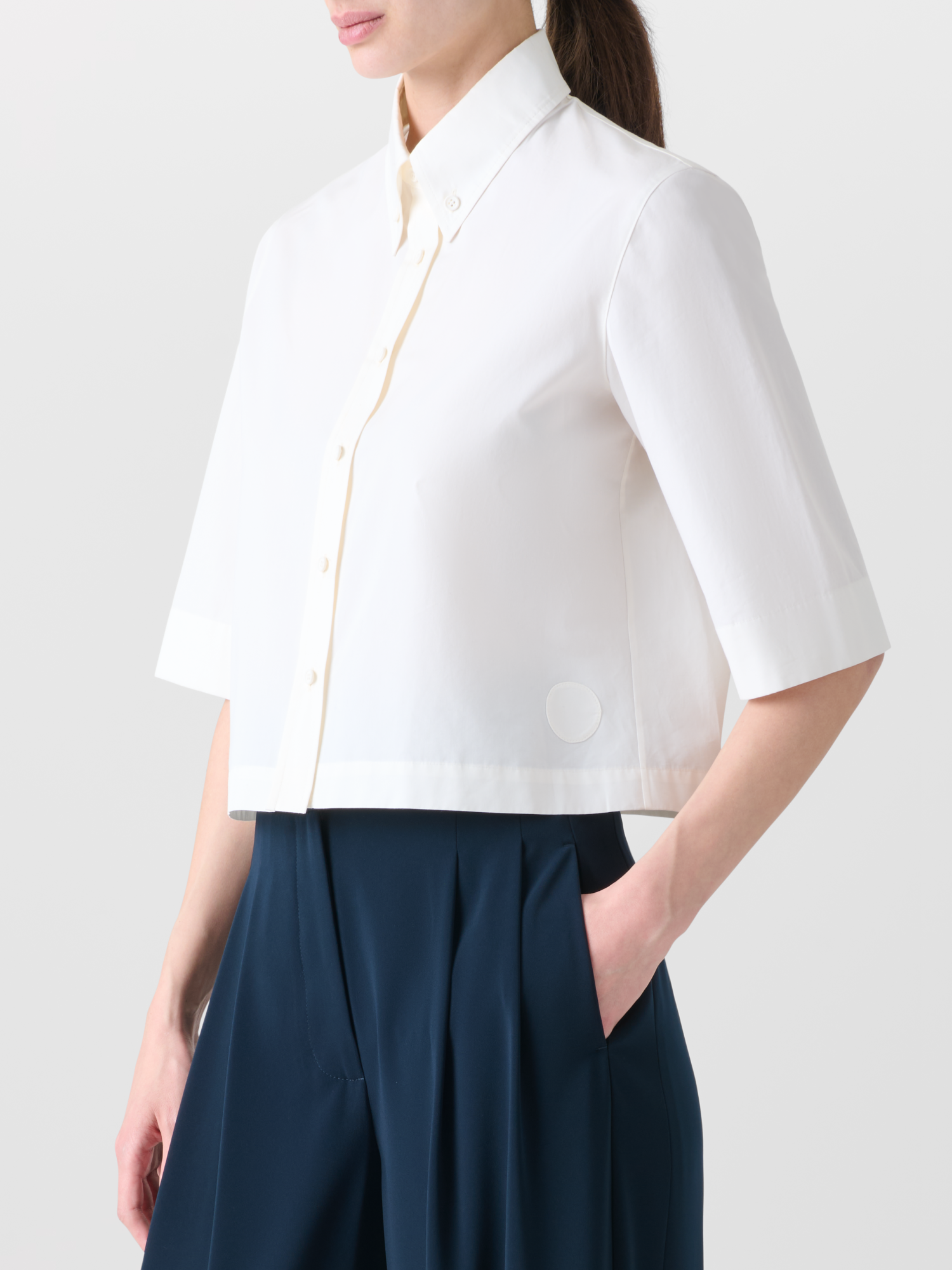 Designer Boxy Short-Sleeve Cotton Blouse - neutral - ecru - white 