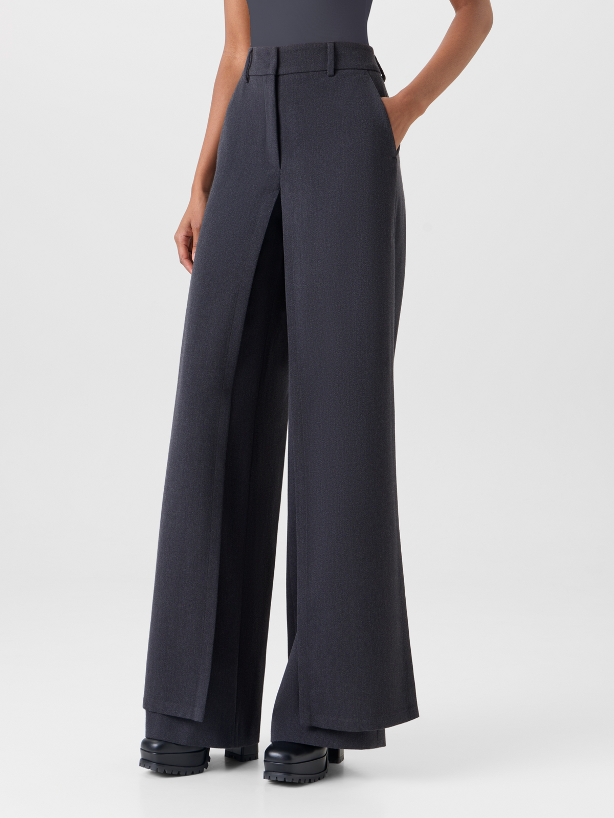 Designer Wide Wool Gabardine Pants with Front Overlayer - grey 
