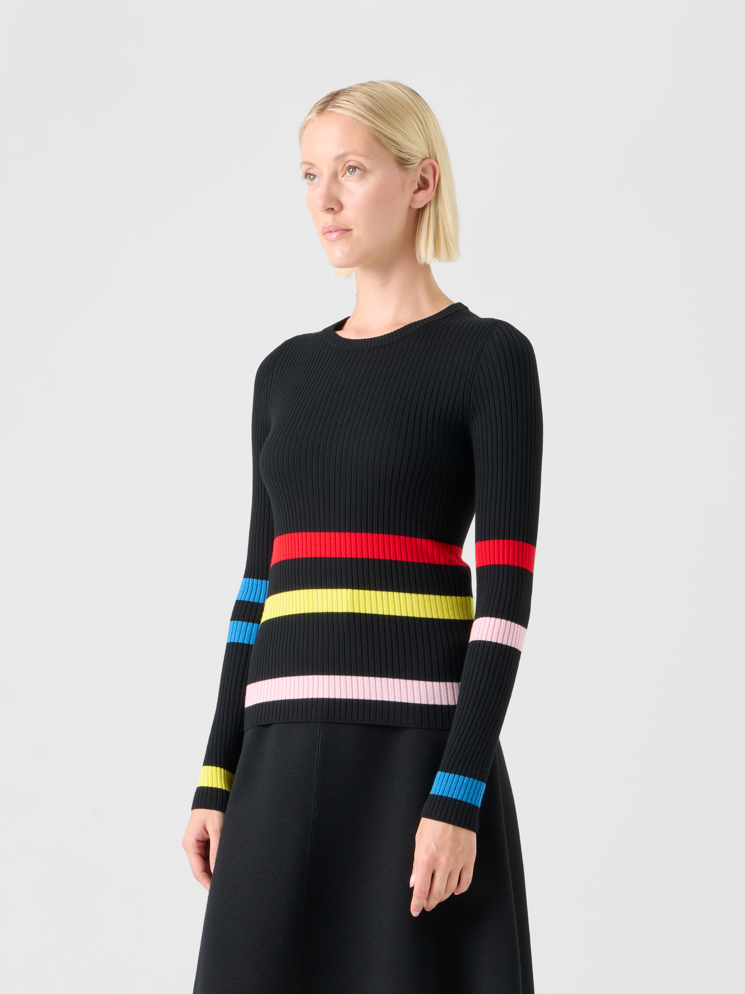 Designer Color-Block Stripe Ribbed Knit Sweater - black 
