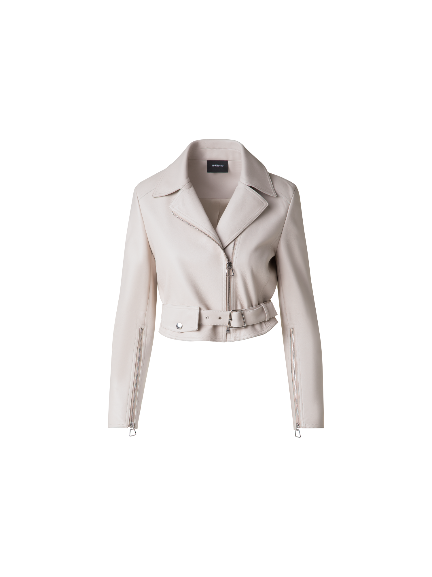 Designer Cropped Leather Biker Jacket - neutral - grey - beige
