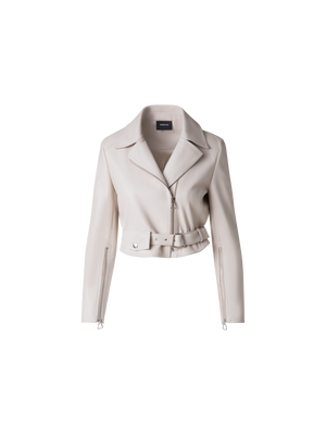 Designer Cropped Leather Biker Jacket - neutral - grey - beige