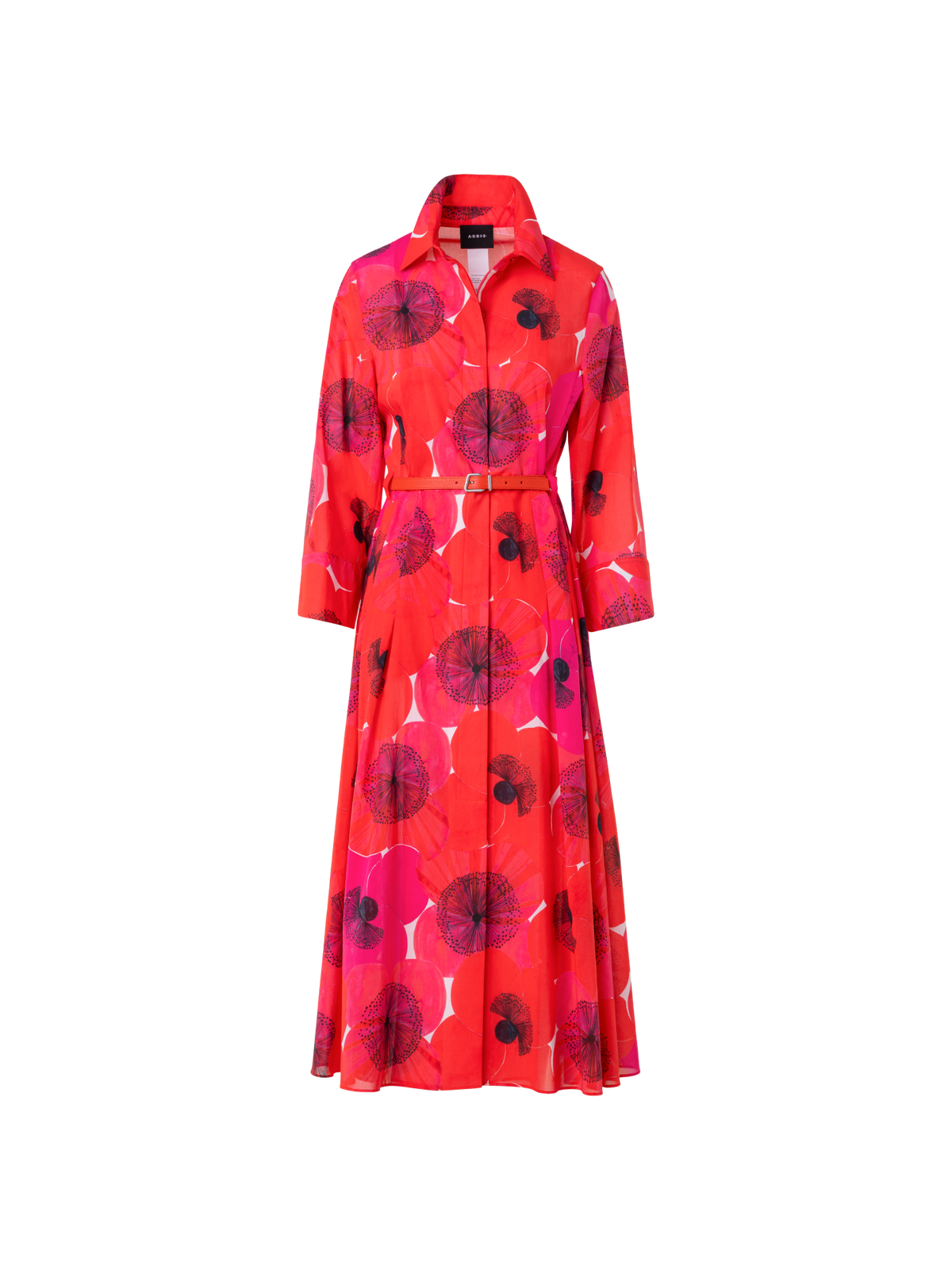 Designer Cotton Midi Shirt Dress in Poppy Print - multicolor - red