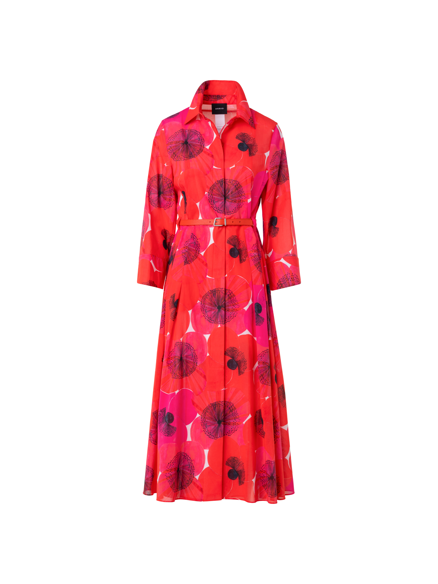 Designer Cotton Midi Shirt Dress in Poppy Print - multicolor - red