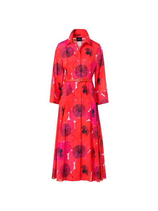 Designer Cotton Midi Shirt Dress in Poppy Print - multicolor - red
