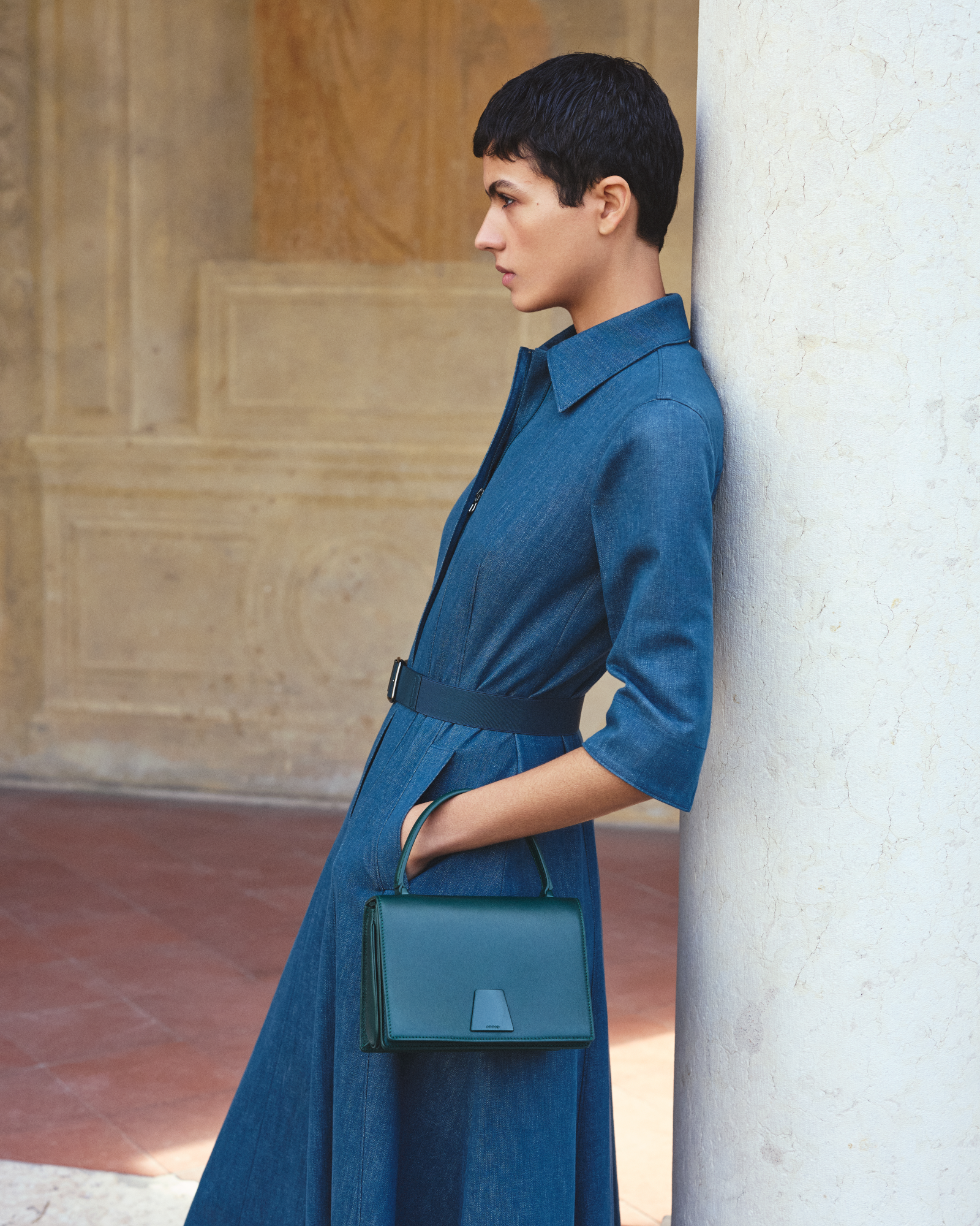 Designer Flared Midi Shirt Dress in Cotton Denim - green