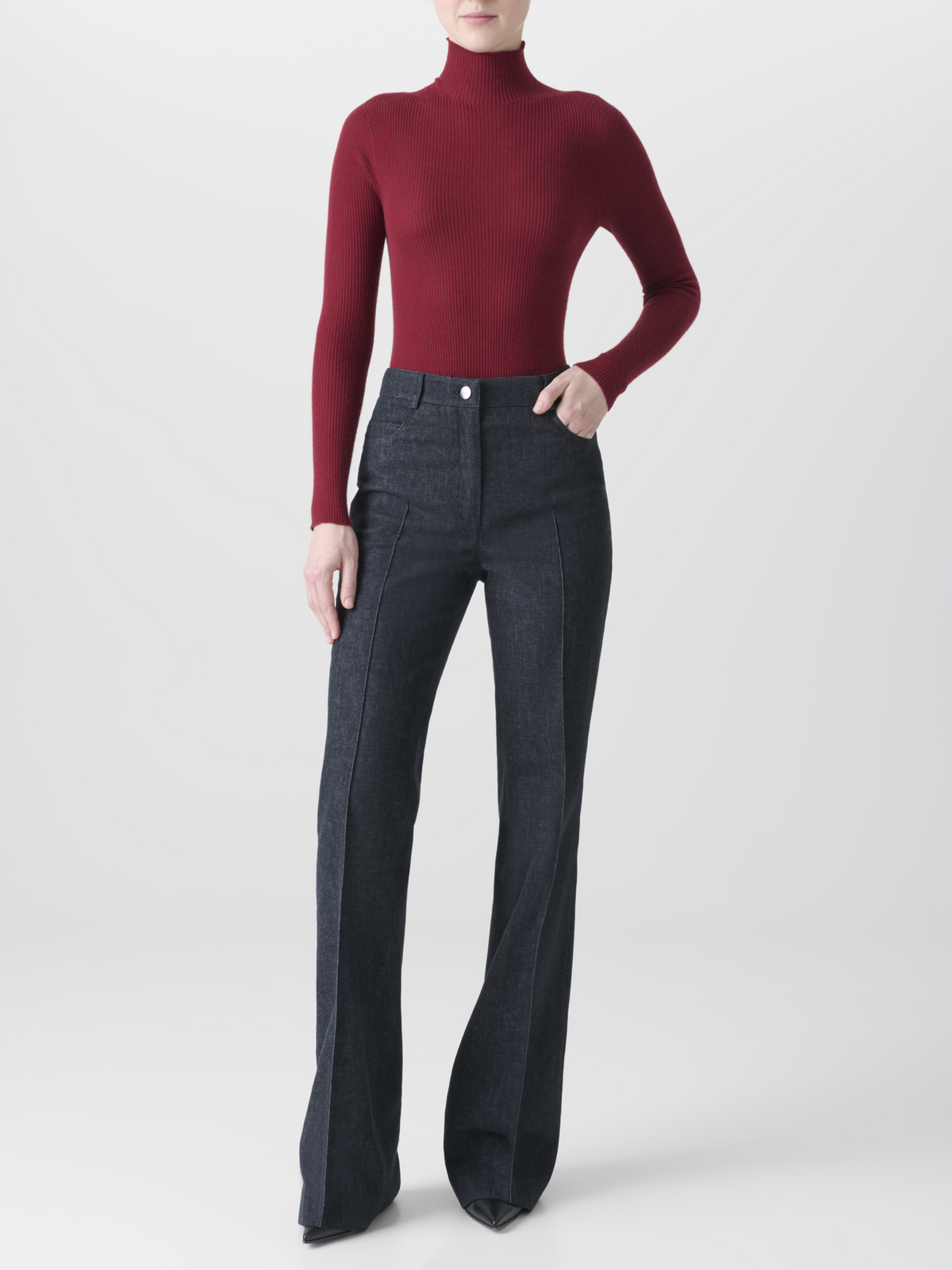 Designer Fine Rib Cashmere Silk Mock Neck Sweater - red 