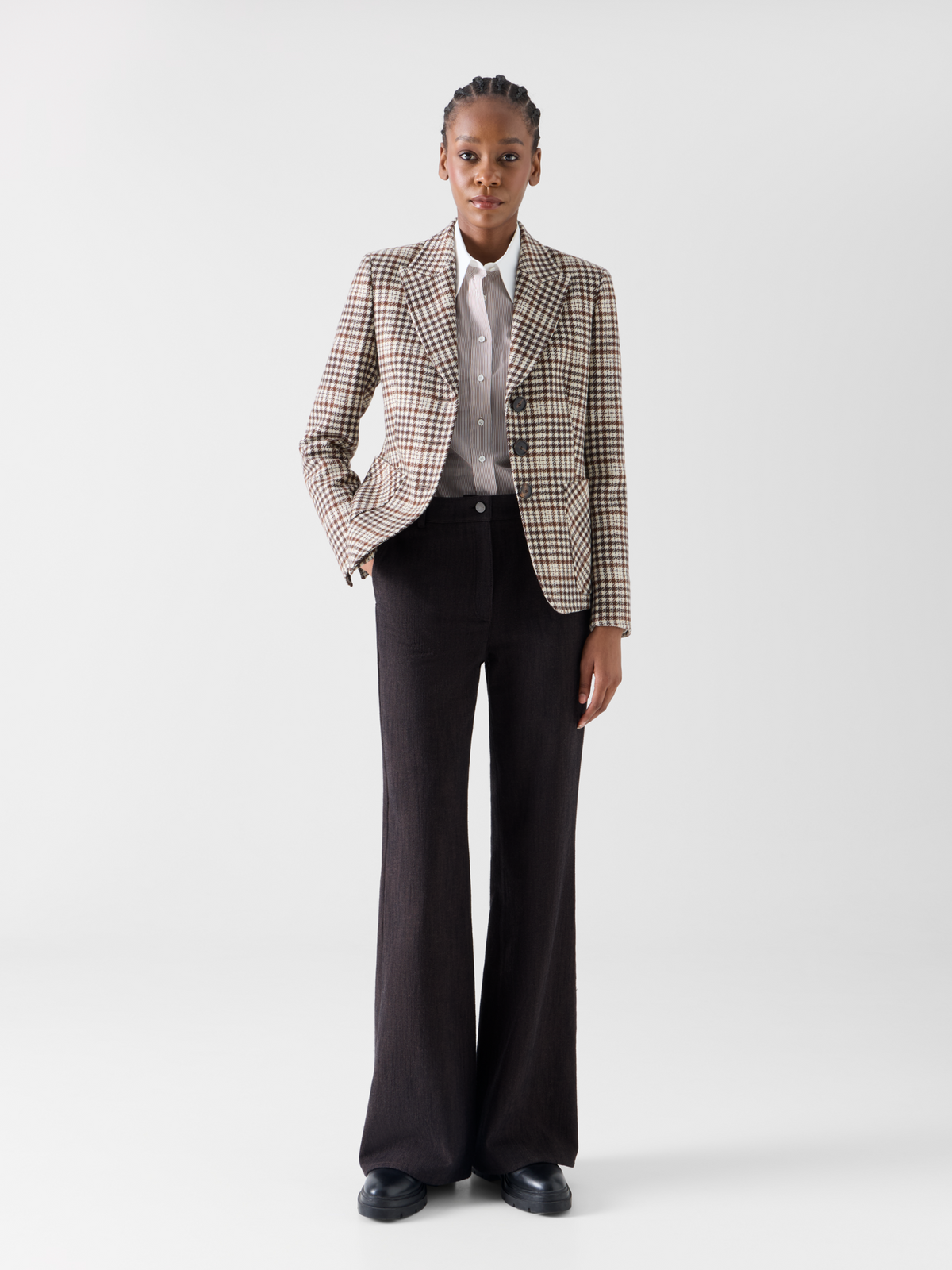 Designer Fitted Jacket in Check Wool Blend Tweed - multicolor - brown 