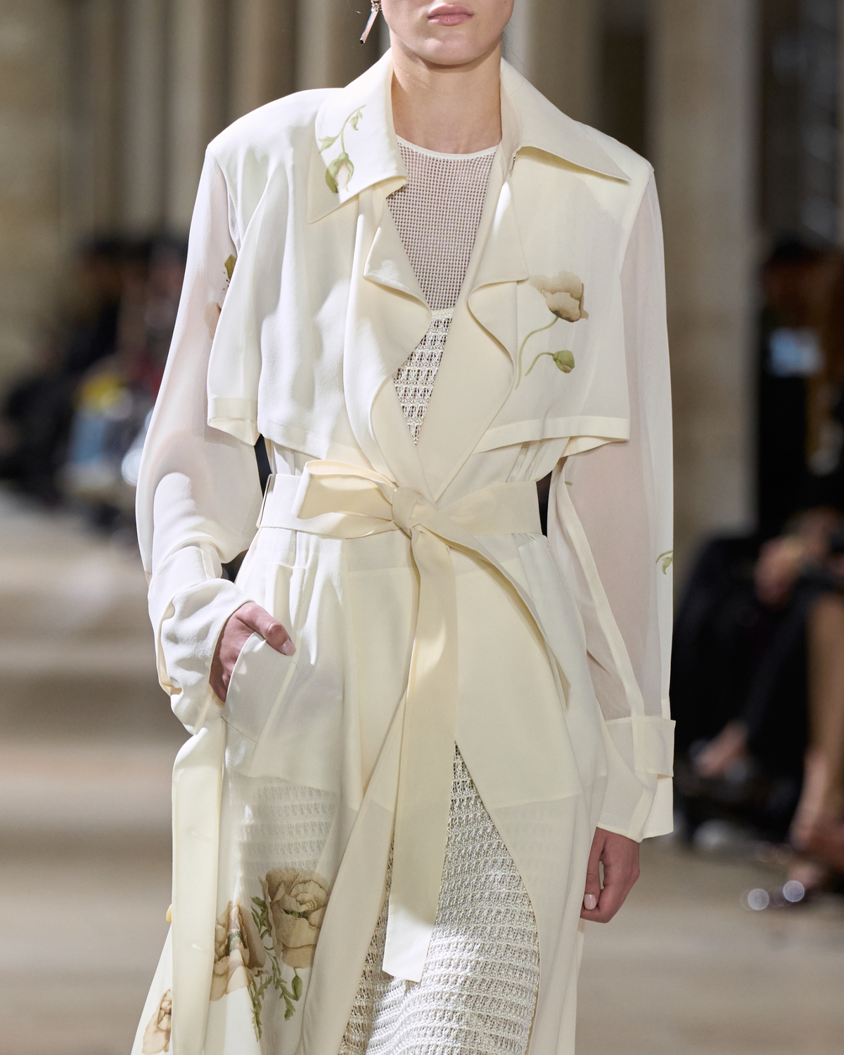 Designer Silk Trench Coat with Anemone Print  - neutral - pastel - multicolor - ecru - white #editorial