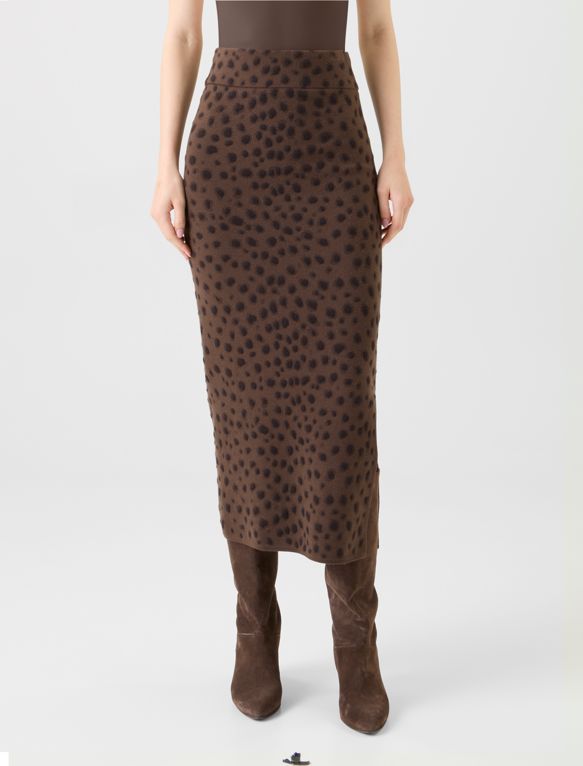 Designer Merino Wool Knit Tube Skirt in Leopard Jacquard - neutral - brown #editorial