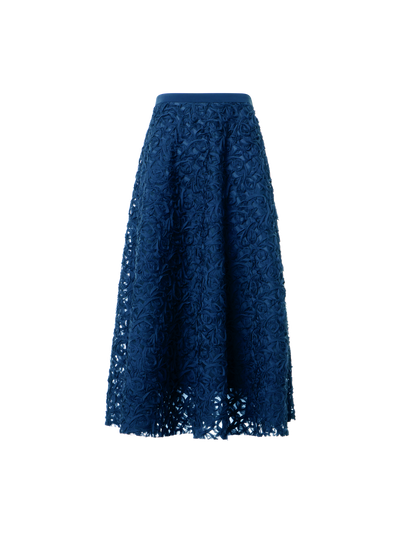 Designer Flared Carnation Embroidered Tulle Midi Skirt - navy - blue