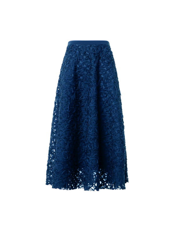 Designer Flared Carnation Embroidered Tulle Midi Skirt - navy - blue