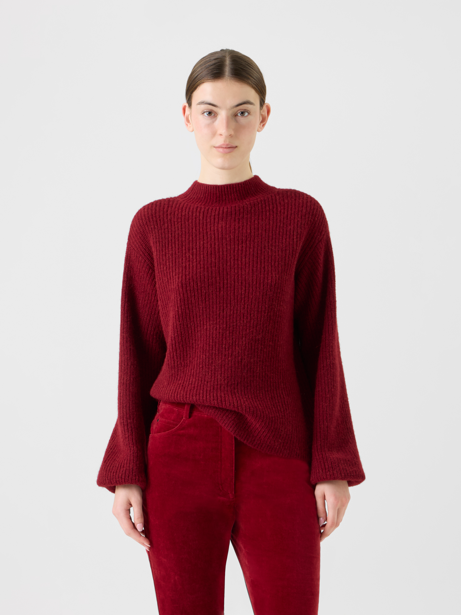 Designer Balloon Sleeve Alpaca Wool Knit Sweater - red 