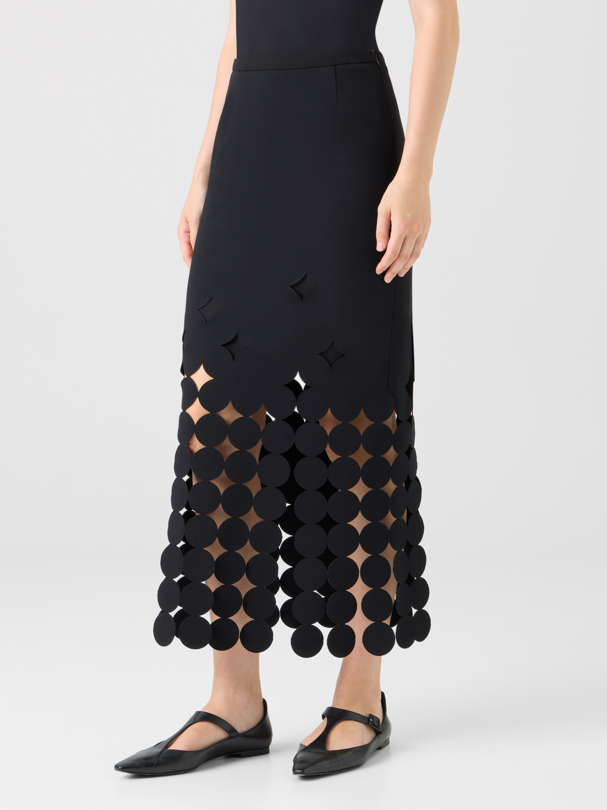 Designer Dropping Dot Cut-Out Jersey Midi Skirt - black #editorial