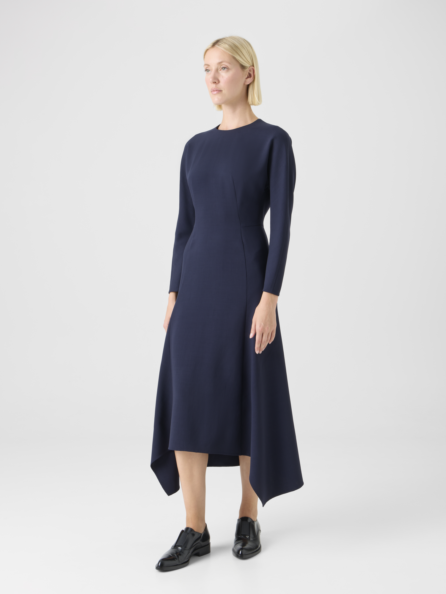 Designer Asymmetrical Cool Wool Midi Dress - navy - blue 