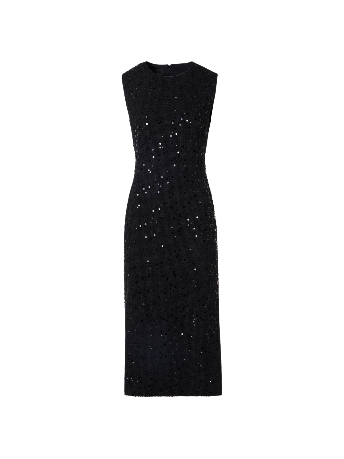 Designer Sleeveless Cotton-Wool Tweed Midi Sheath Dress with Sequins - black