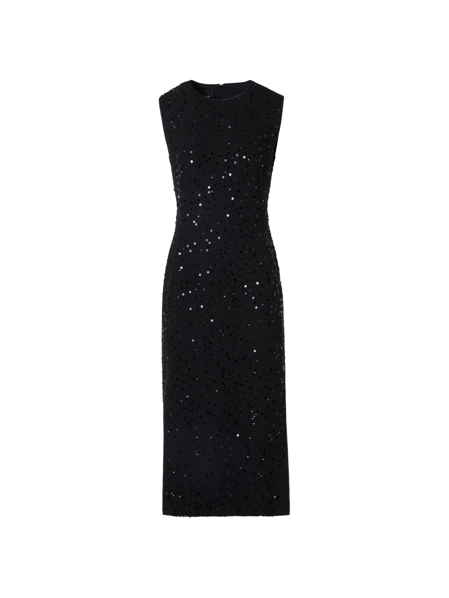 Designer Sleeveless Cotton-Wool Tweed Midi Sheath Dress with Sequins - black
