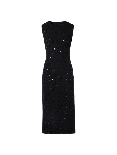Designer Sleeveless Cotton-Wool Tweed Midi Sheath Dress with Sequins - black