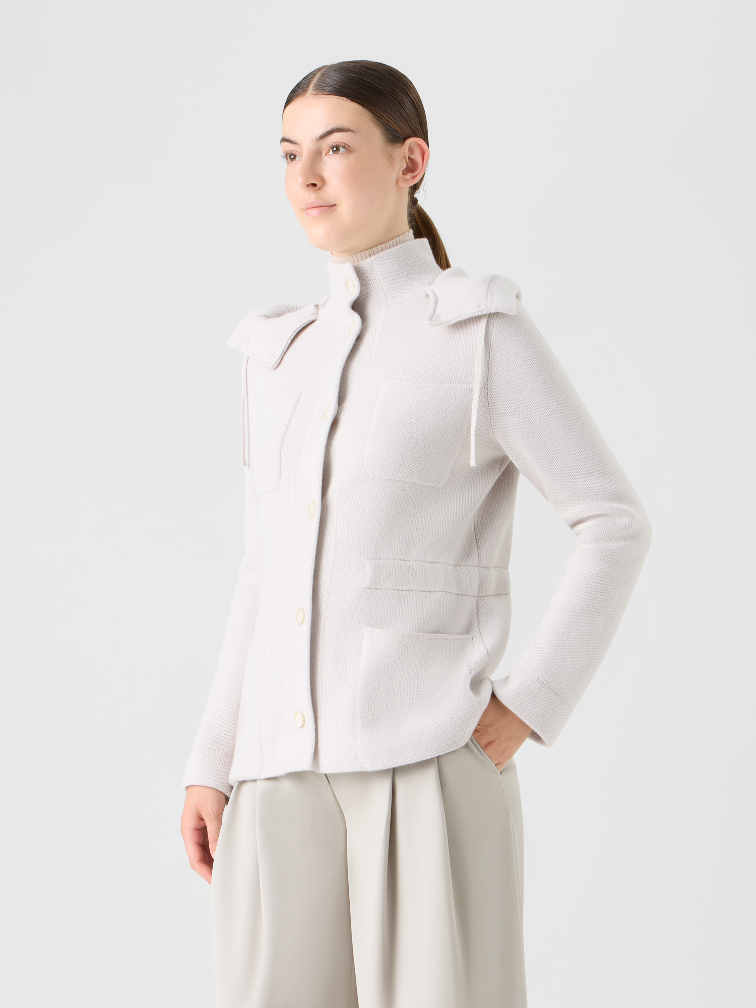 Designer Cashmere Piqué Hooded Knit Jacket - beige 