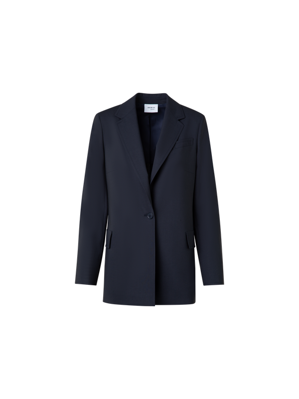 Designer Long Boyfriend Jacket in Cool Wool - navy - blue