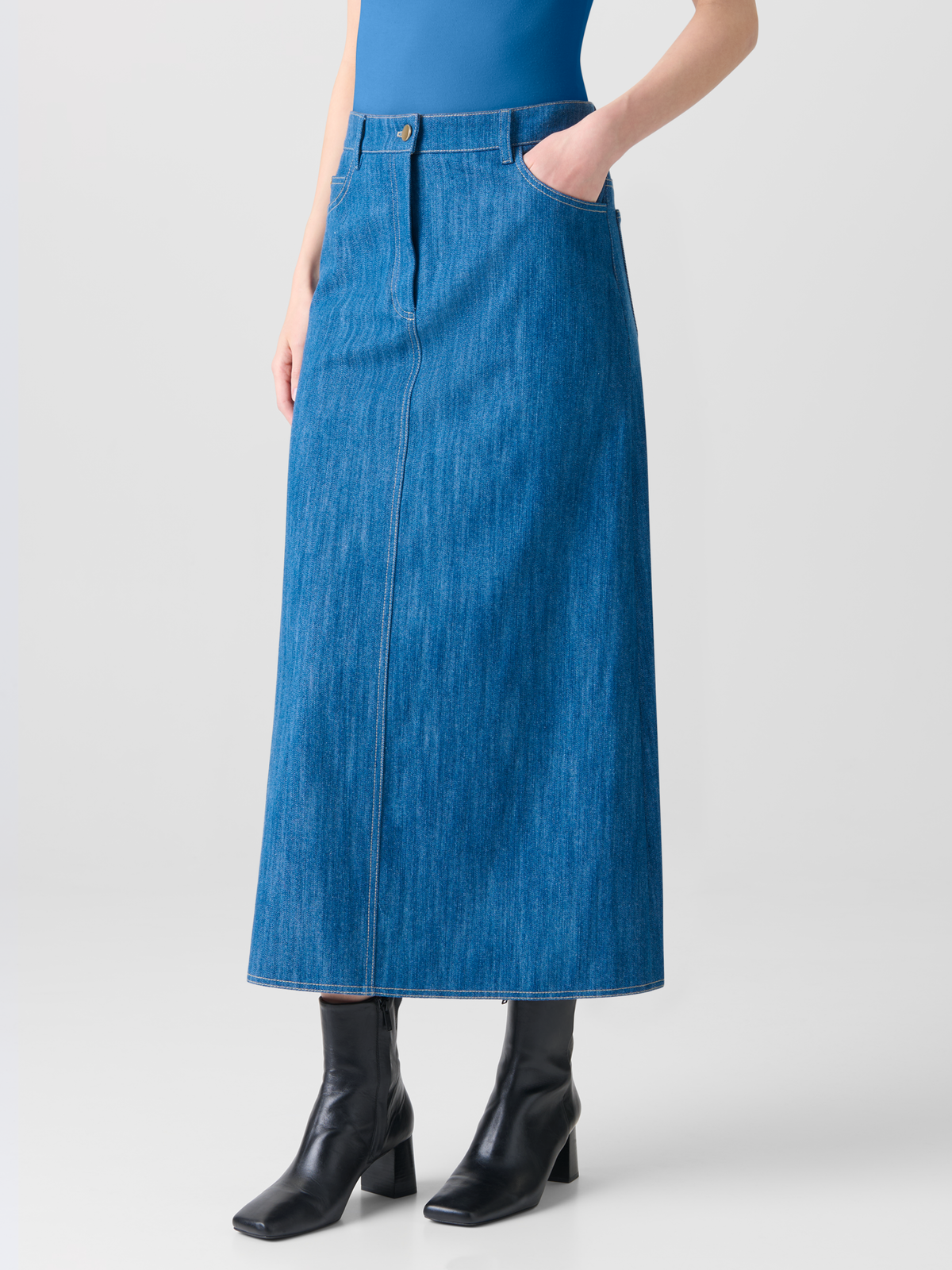 Designer Midi Pencil Skirt in Cotton Denim - blue #editorial
