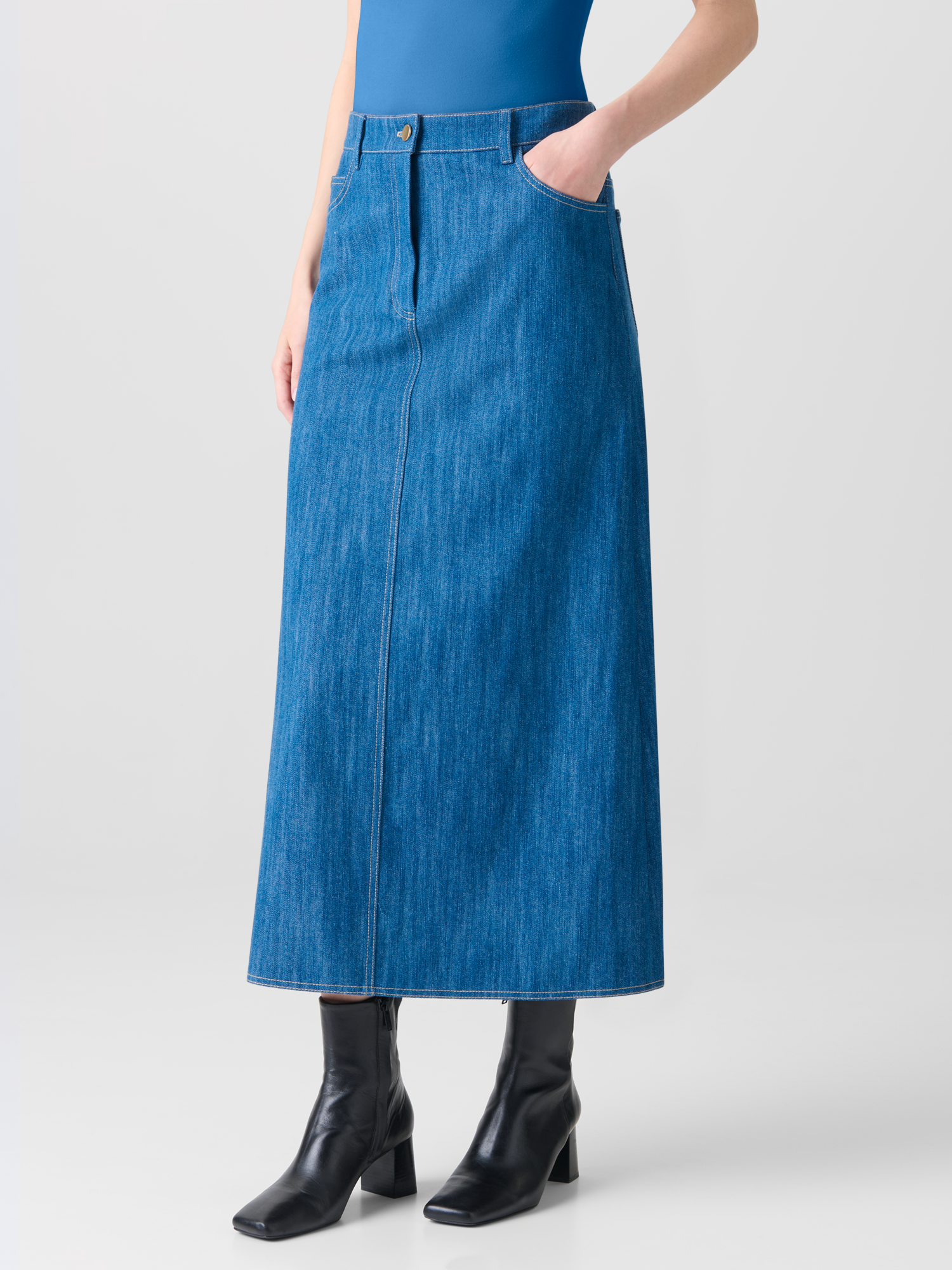 Designer Midi Pencil Skirt in Cotton Denim - blue 