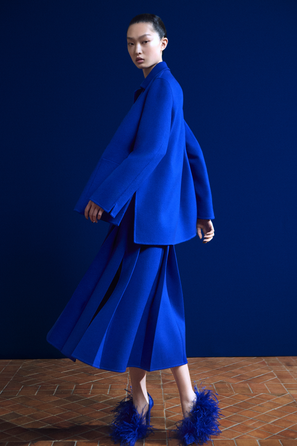 Designer Pleated Wool Flannel Double-Face Midi Skirt - blue #editorial