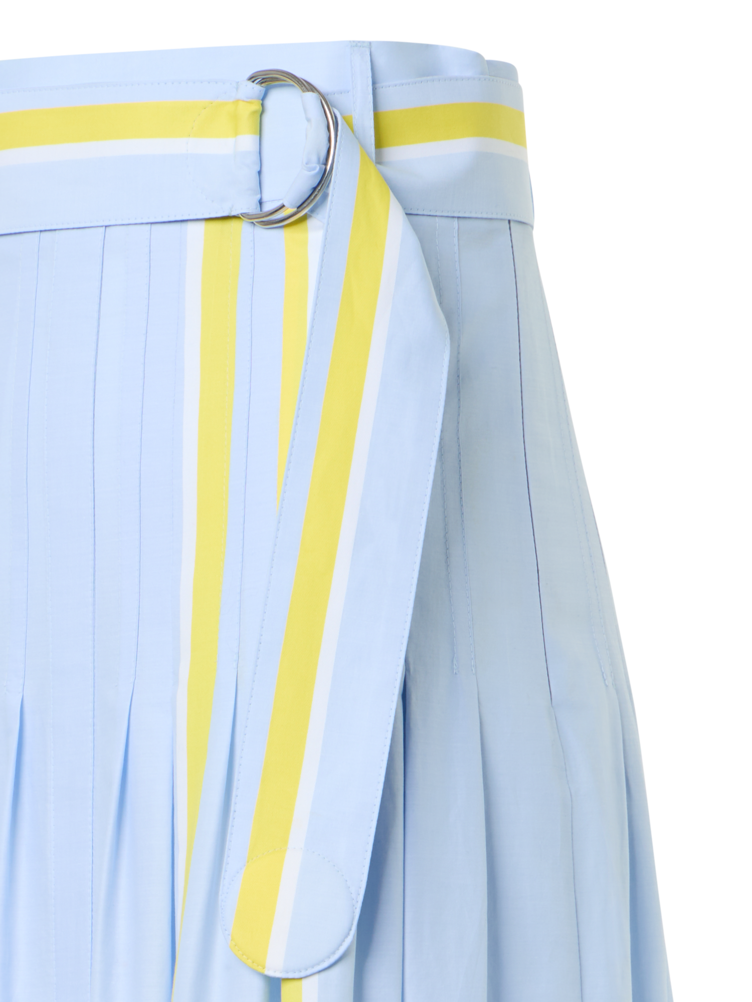 Designer Pleated Striped Cotton Chambray Midi Skirt with Belt - blue - multicolor