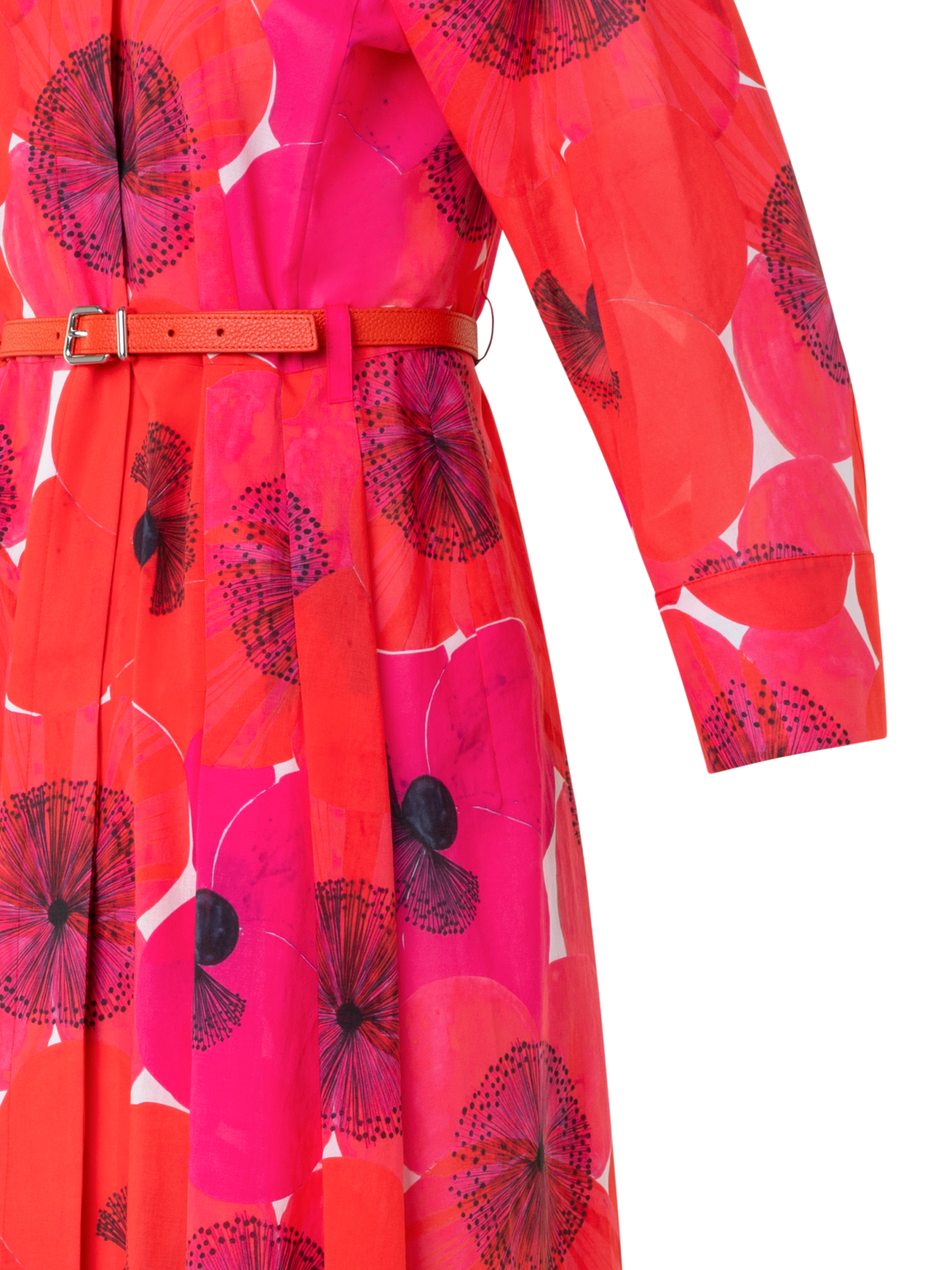 Designer Cotton Midi Shirt Dress in Poppy Print - multicolor - red