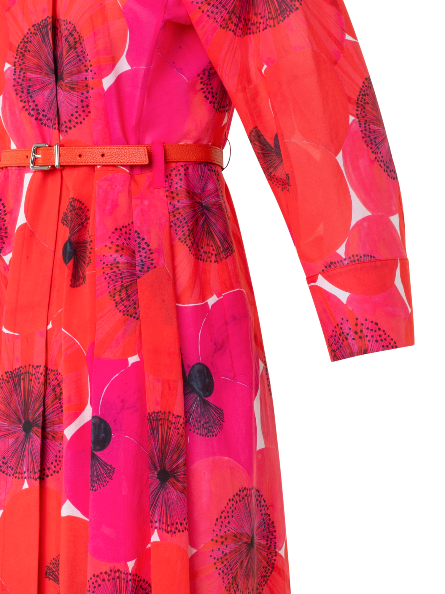 Designer Cotton Midi Shirt Dress in Poppy Print - multicolor - red