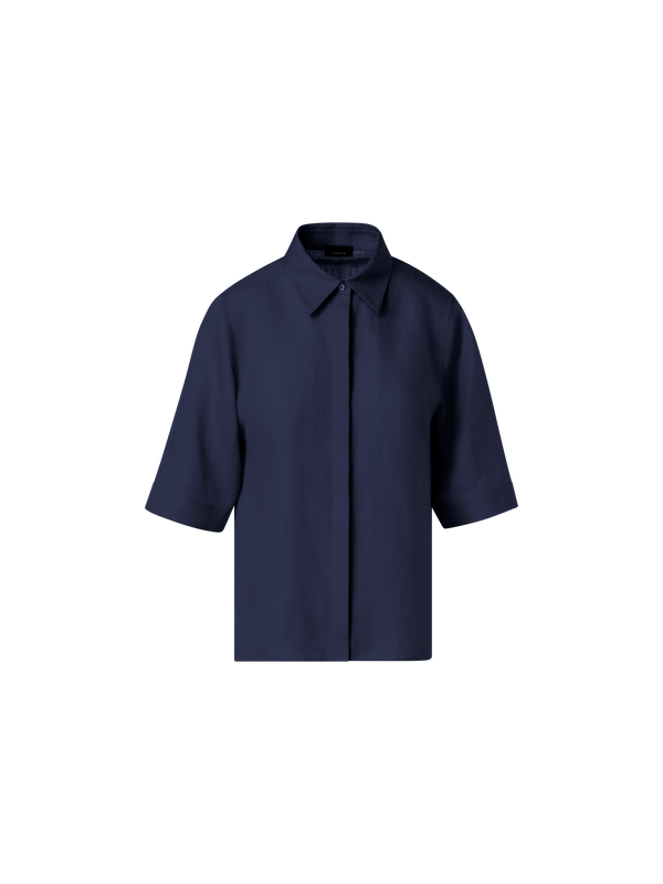 Designer Boxy Shirt Blouse In Linen Voile - navy - blue