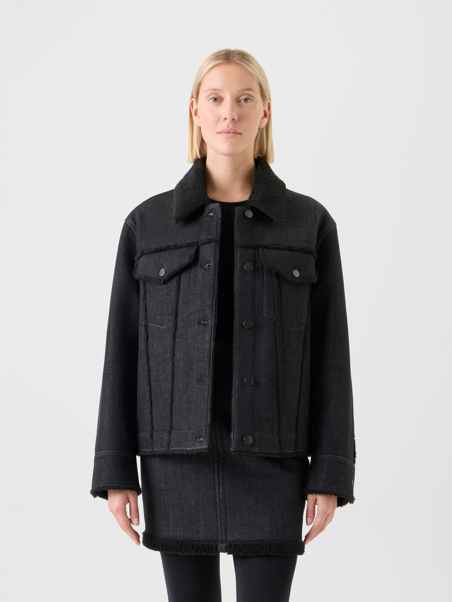 Designer Oversized Denim Jacket &  Faux Shearling Collar - black - neutral 