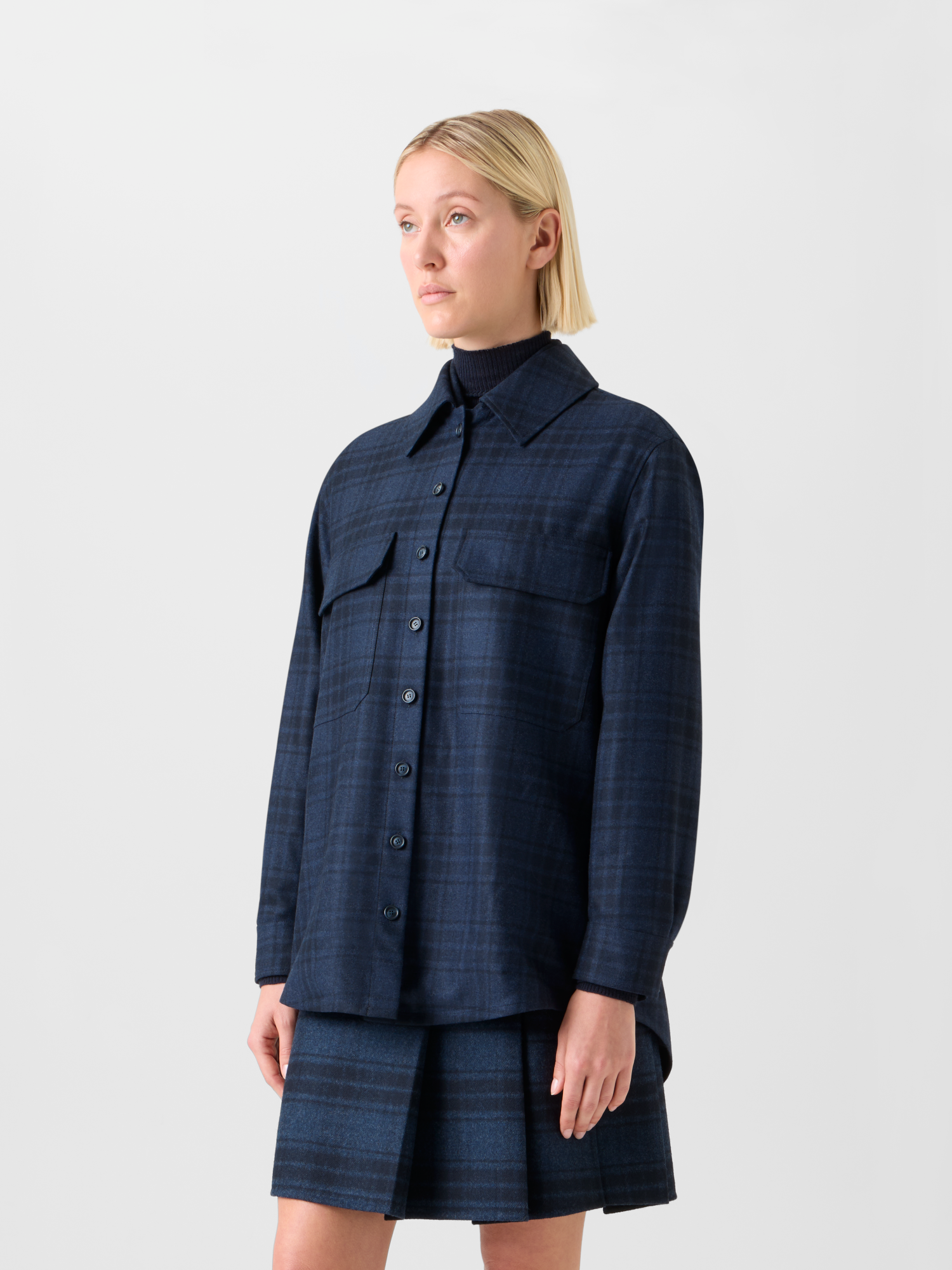 Designer Oversized Wool Flannel Plaid Shirt Jacket - neutral - navy - blue 