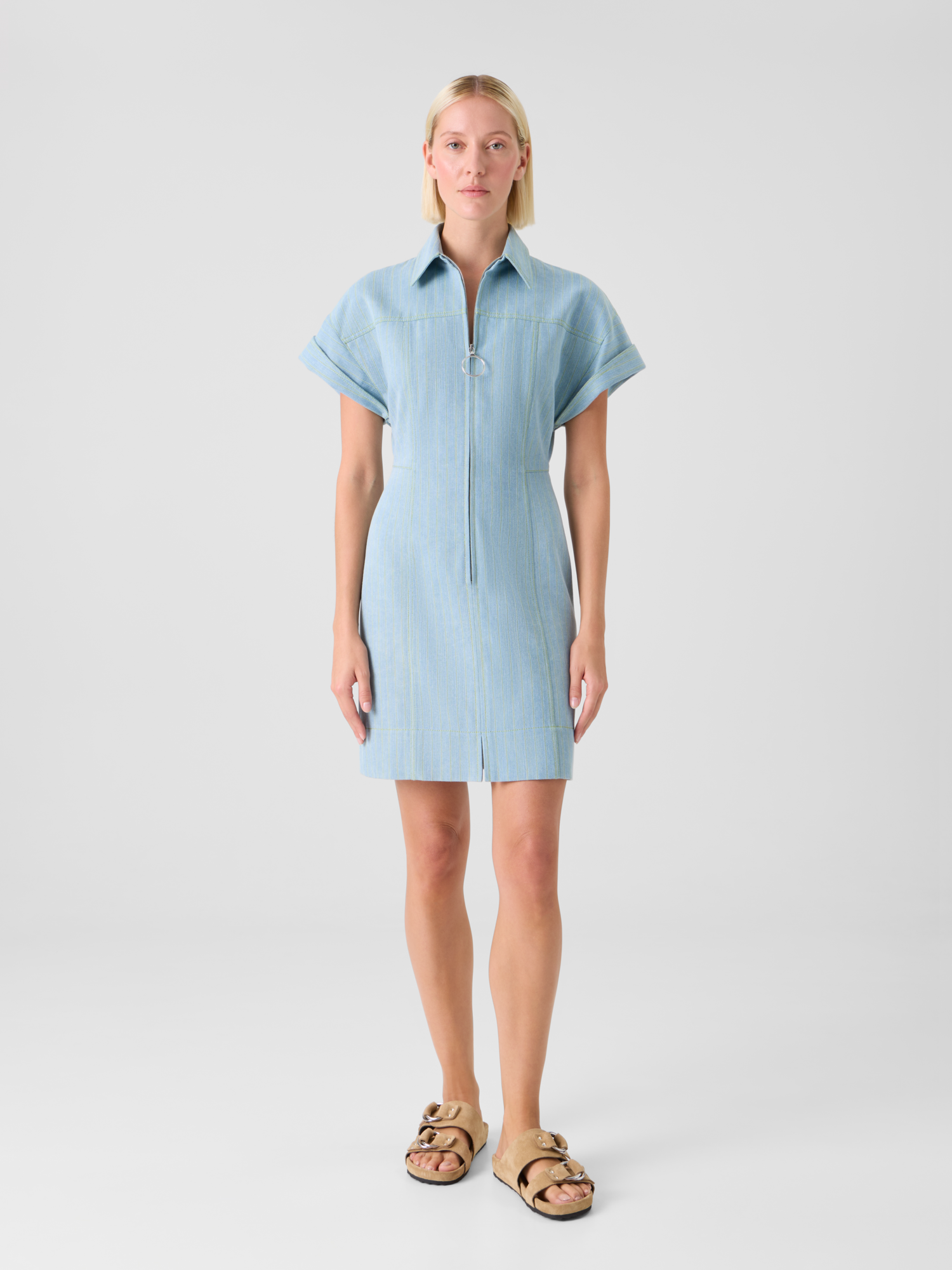 Designer Fitted Pinstripe Denim Mini Shirt Dress - blue
