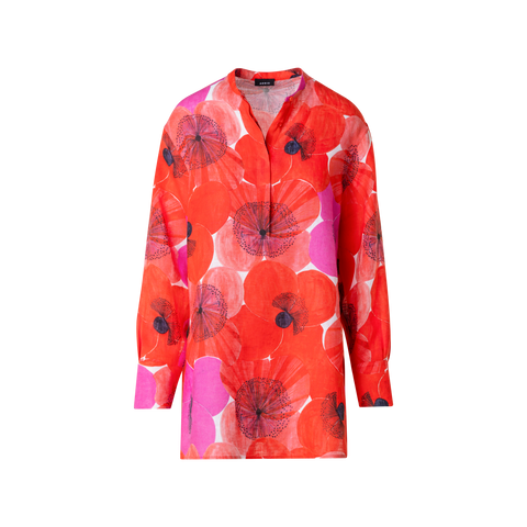 Oversize Linen Tunic Blouse with Poppy Print